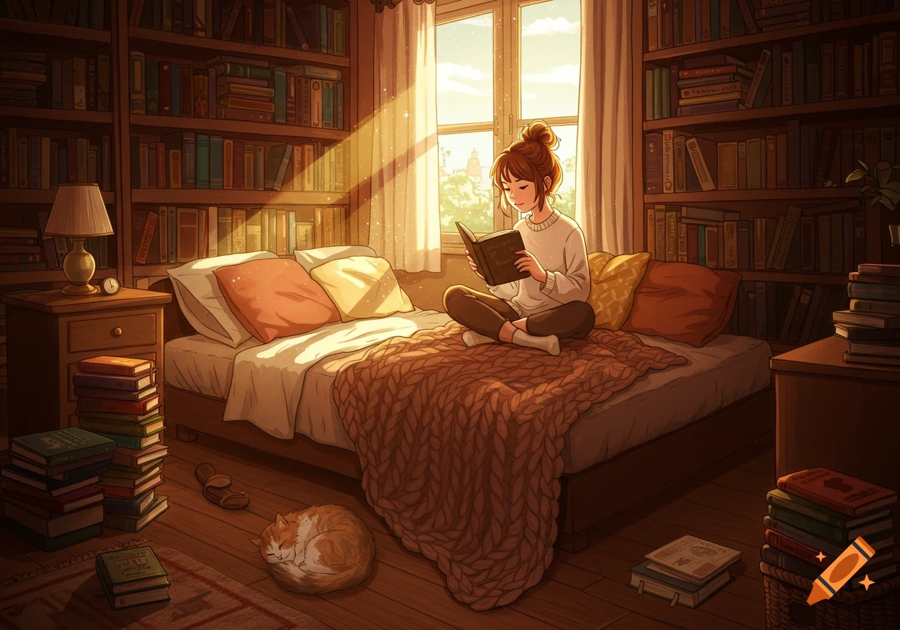 Anime girl reading a book on a bed surrounded by bookshelves in a sunlit room, with a sleeping cat on the floor.
