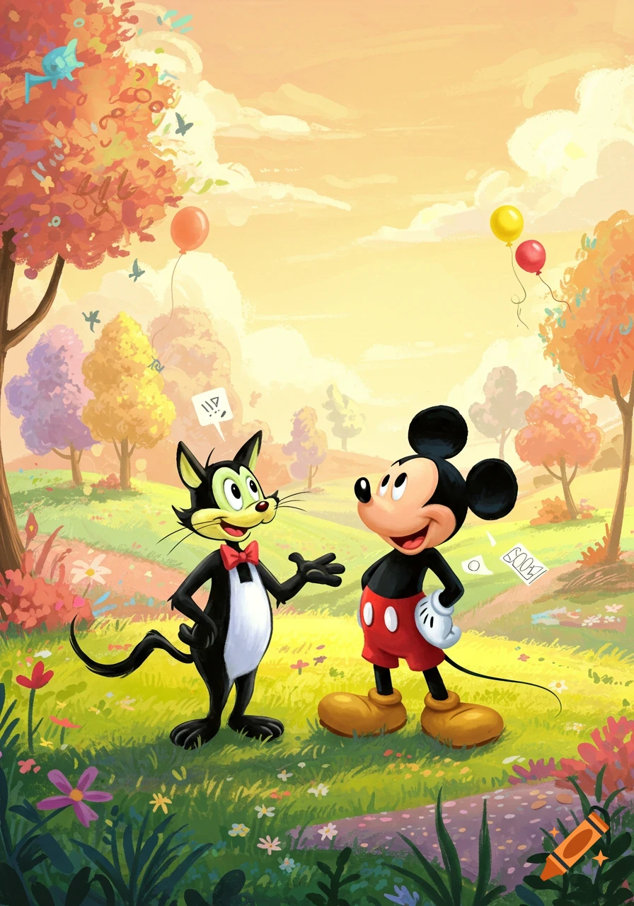 Krazy Kat and Mickey Mouse stand smiling in a colorful, sunny landscape with trees, flowers, and floating balloons.