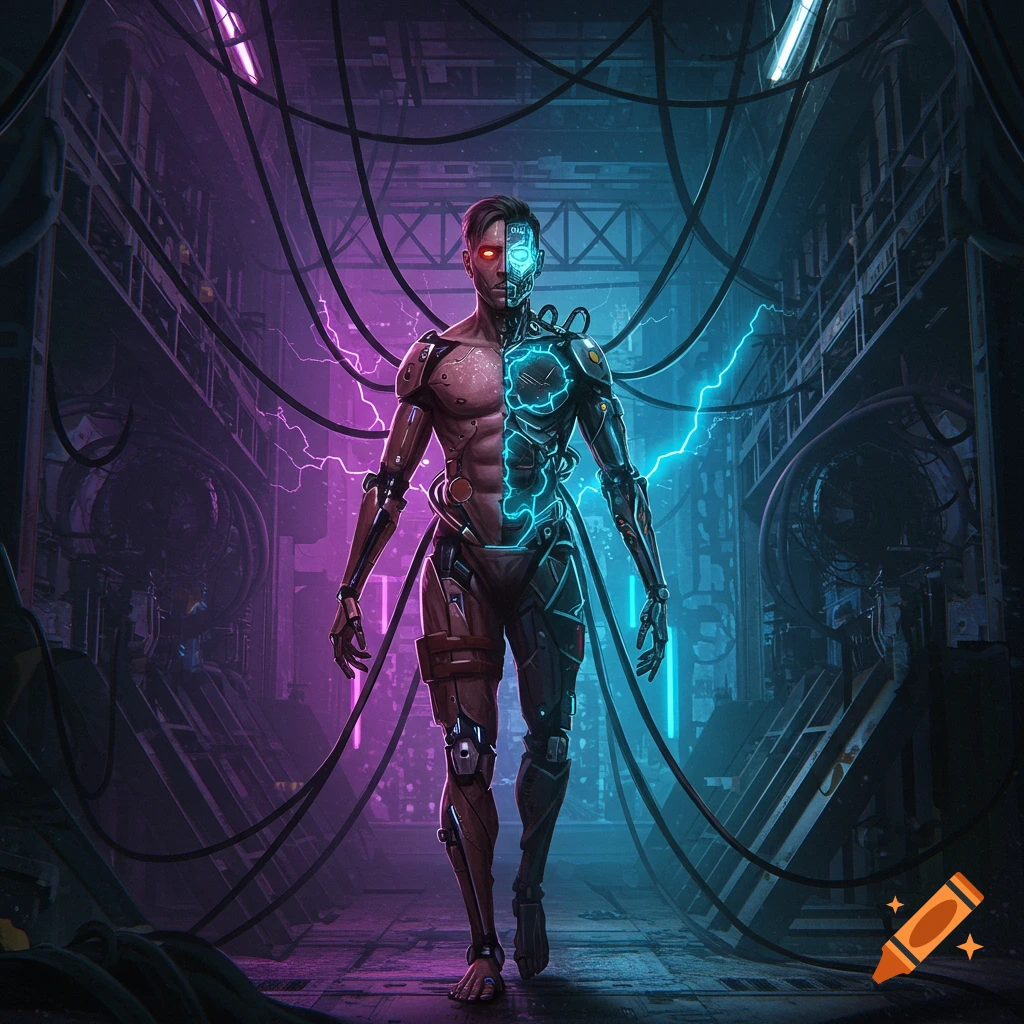A futuristic cyberpunk image of a half-human, half-robot figure with neon lights in an industrial setting.