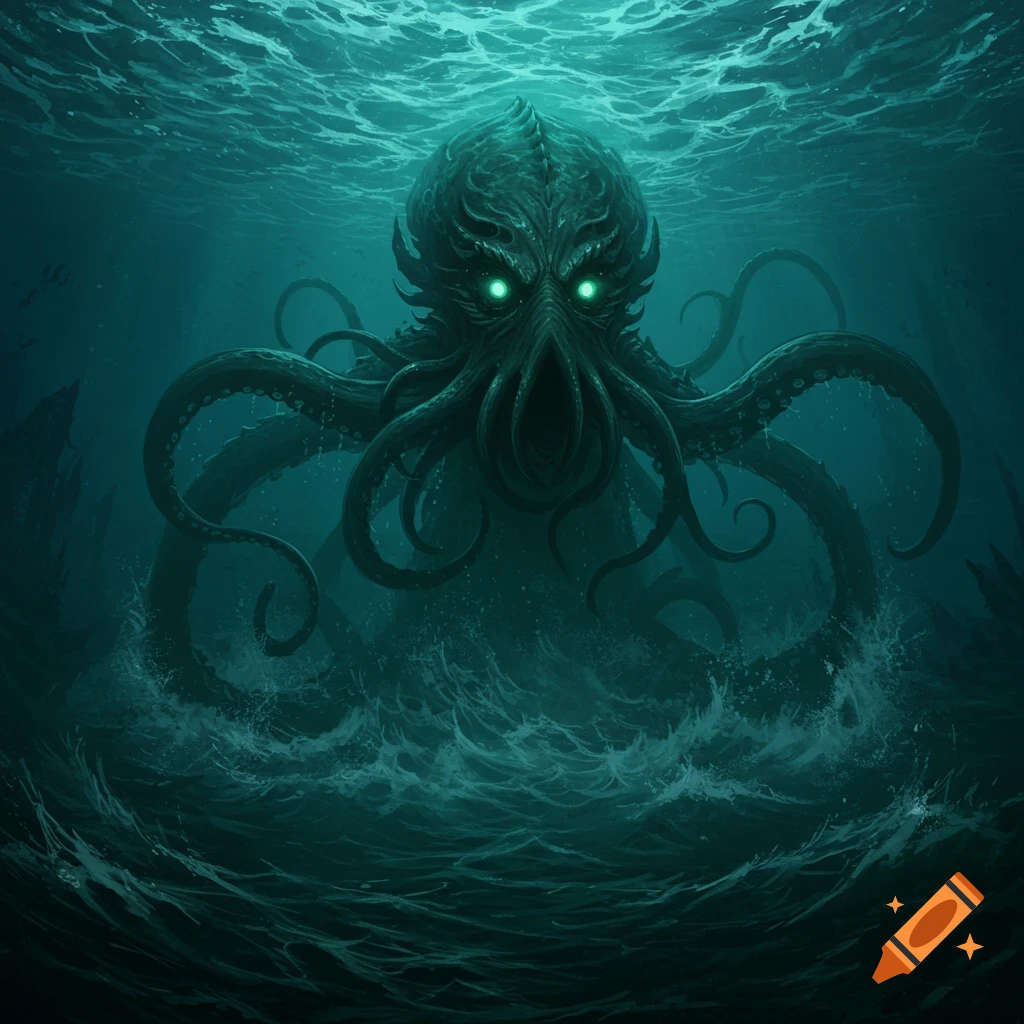 A giant, shadowy Lovecraftian sea monster with glowing eyes and tentacles emerges from dark, turbulent water, in a dark fantasy art style.