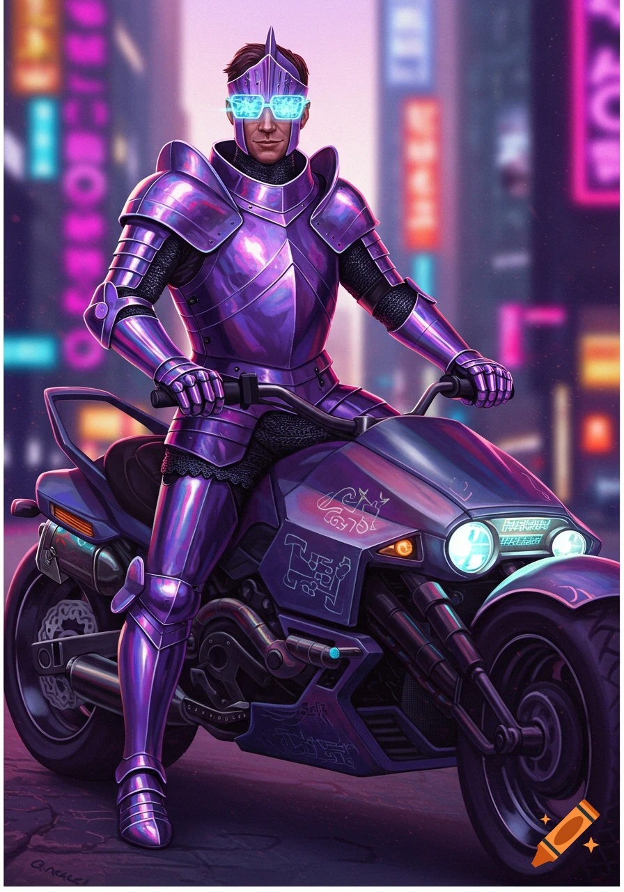 A man in shiny purple armor and glowing blue sunglasses sits on a three-wheeled motorcycle in a neon cityscape.