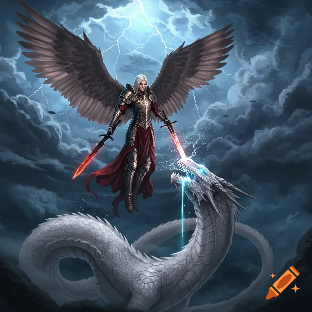 Armored angel with large wings battles a white dragon, striking it with a glowing sword in a stormy fantasy scene.