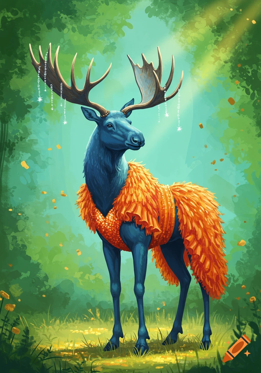 A vibrant blue moose wearing an elaborate orange showgirl costume stands in a sunlit green forest, with sparkling decorations on its antlers.