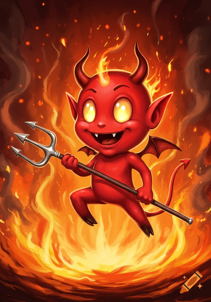 A cute, red cartoon devil character with horns, wings, and a tail, smiling and holding a trident amidst bright flames.