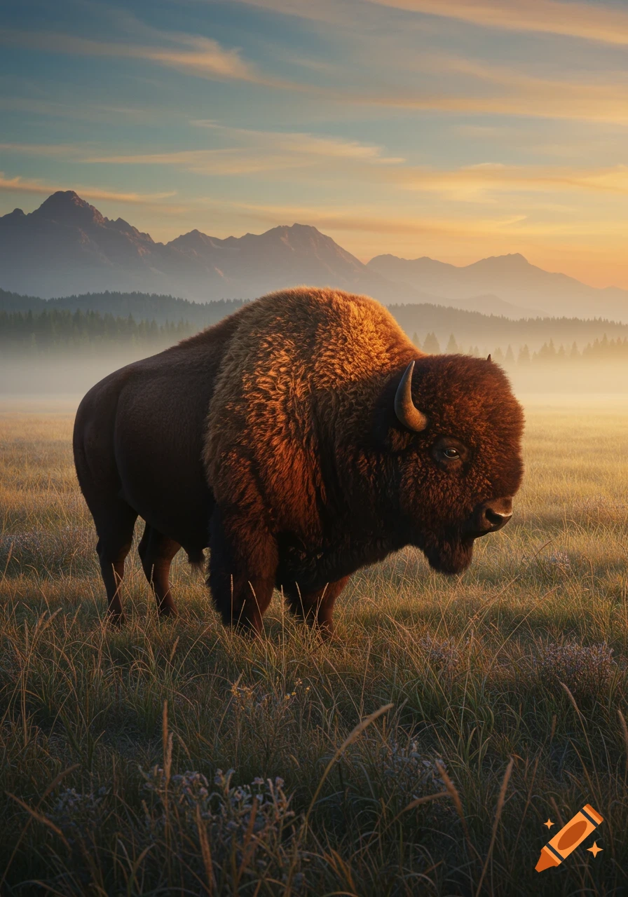 A large, shaggy bison stands in a misty field at sunrise, with mountains in the background.