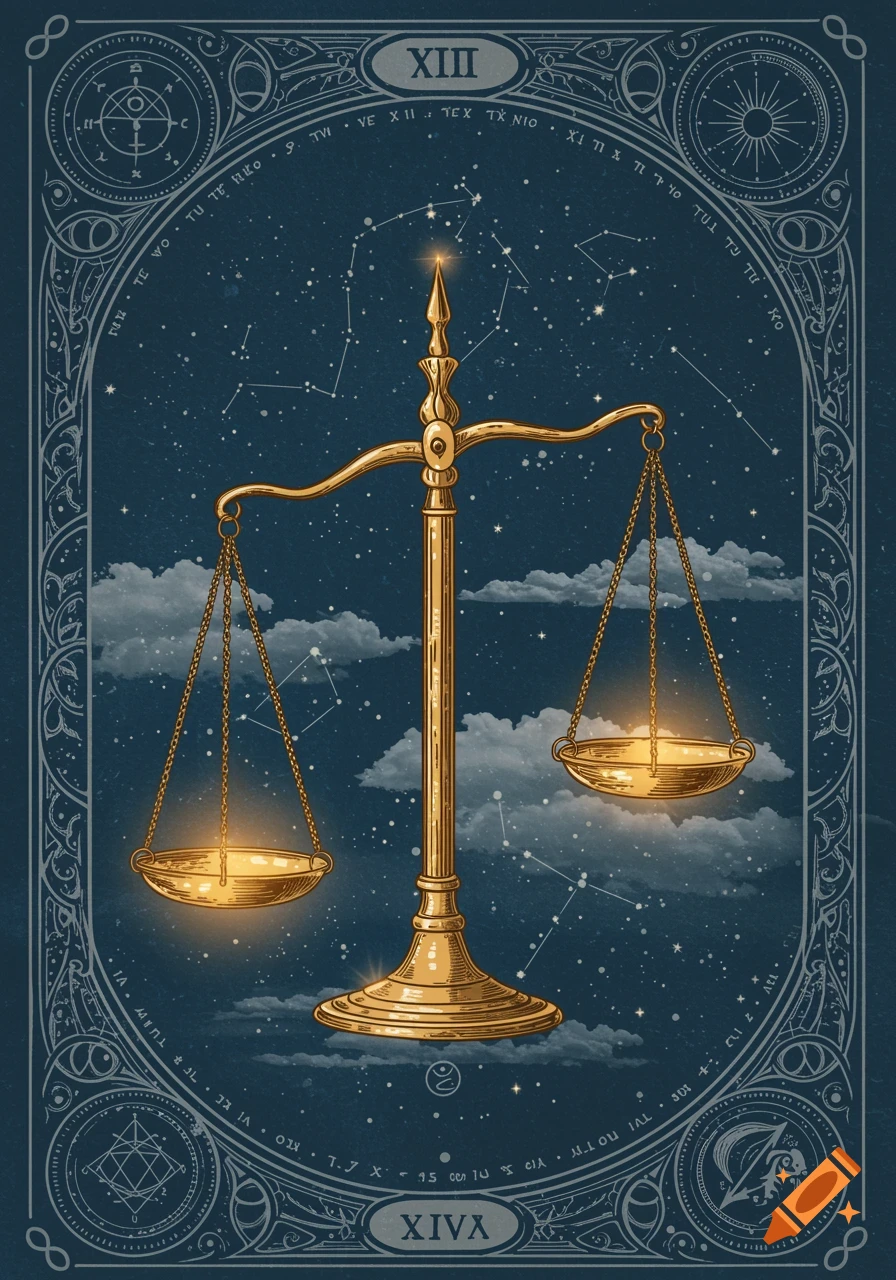 A vintage-style tarot card depicts golden scales with glowing pans against a dark blue, starry night sky with clouds. Ornate celestial patterns adorn the border.
