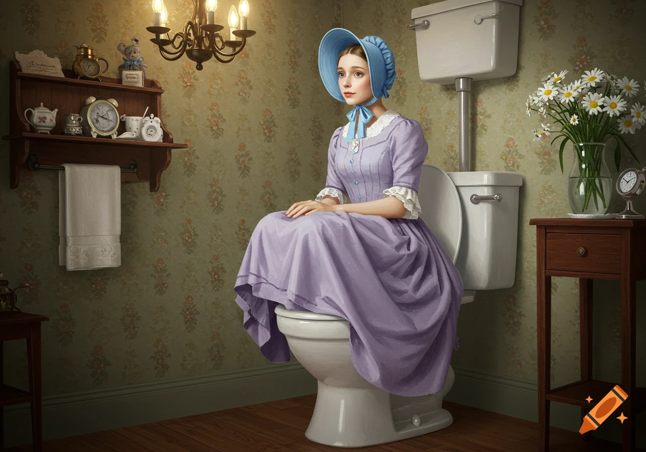 A woman in a light purple historical dress and blue bonnet sits on a toilet in a vintage-style bathroom.