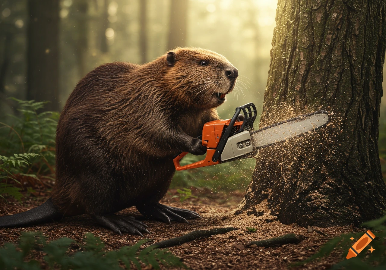 Photorealistic image of a beaver wielding a chainsaw to cut down a tree in a forest, with sawdust flying.