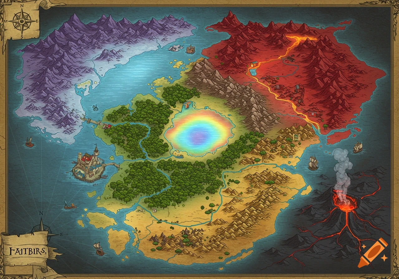 A colorful, detailed fantasy map of a continent featuring diverse biomes including mountains, forests, volcanic areas, and a rainbow basin.