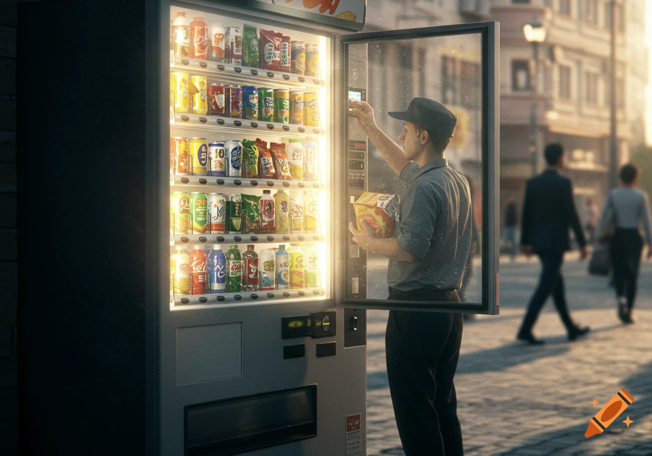 Photorealistic image of a person stocking a brightly lit vending machine on an urban street at sunset.