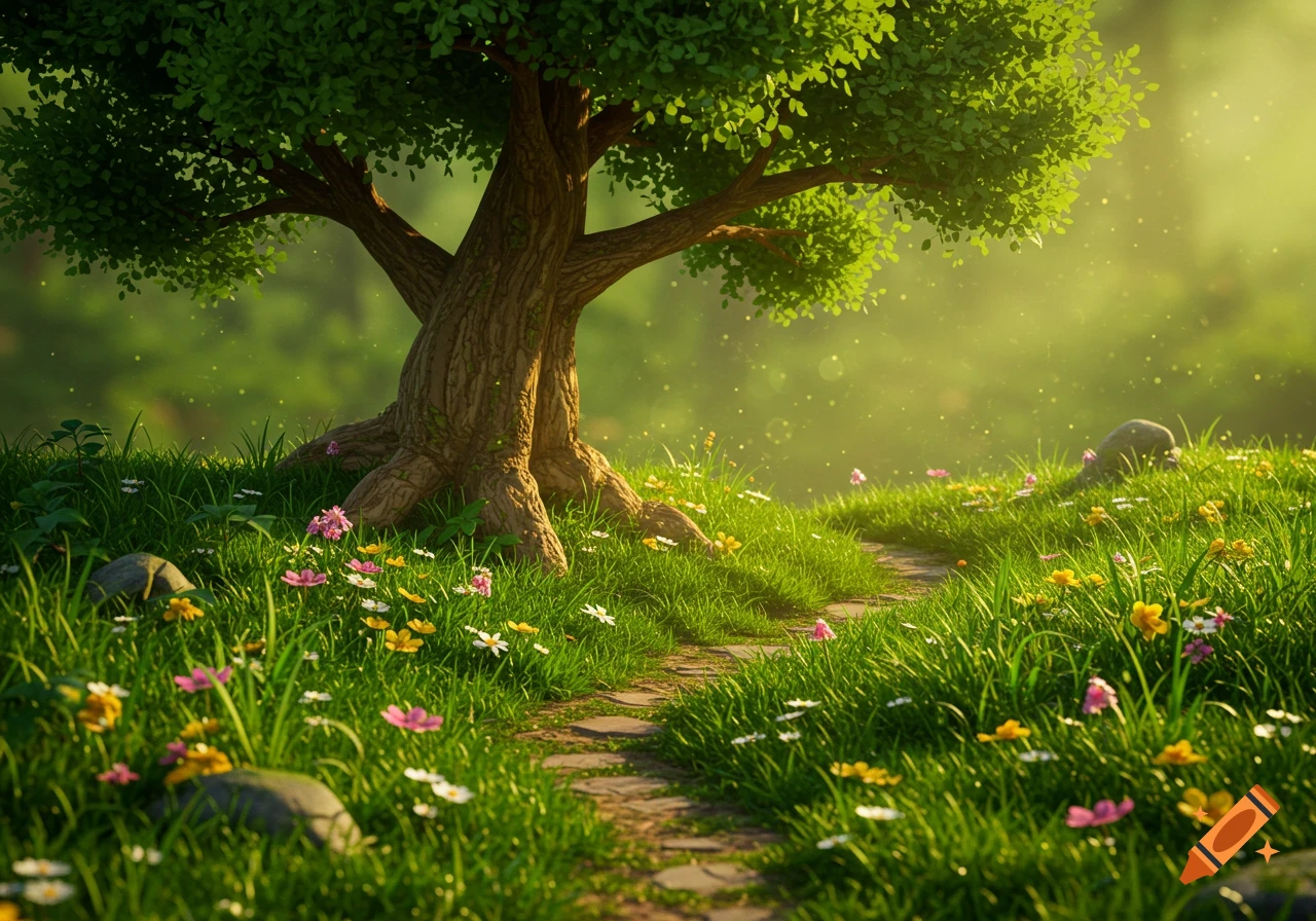 Vibrant, stylized landscape with a large tree, winding stone path, and colorful wildflowers under soft glowing light.