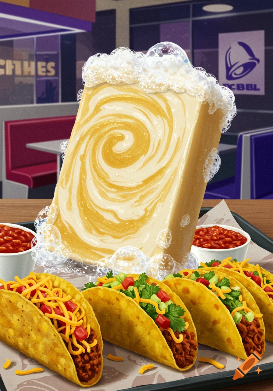 A giant, swirling block of yellow and white soap with suds on a tray with tacos in a Taco Bell restaurant.