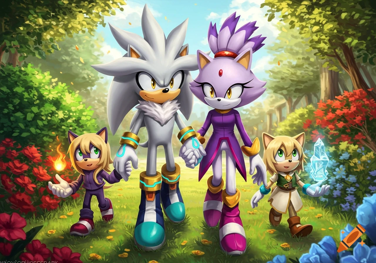 Silver the Hedgehog, Blaze the Cat, and their two children walk hand-in-hand through a vibrant garden, one child holding fire, the other ice.