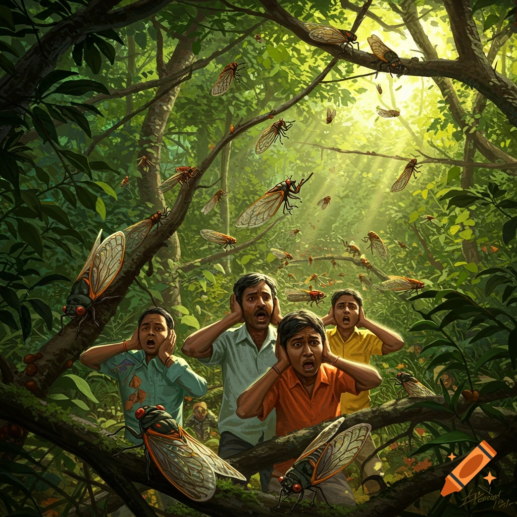 A digital painting shows three men in a dense green jungle covering their ears in distress as a swarm of large cicadas flies around them. Sunbeams filter through the canopy.