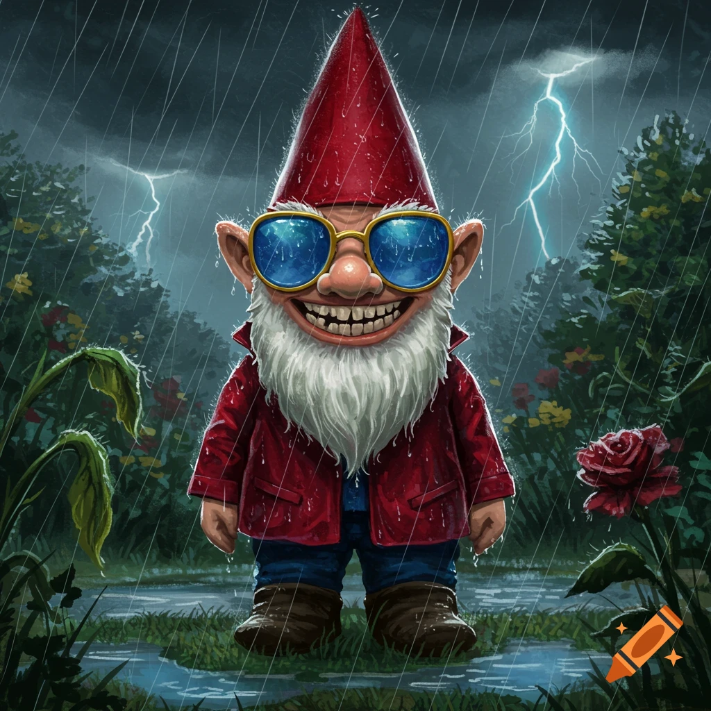 A smiling garden gnome with a red hat and white beard wears blue sunglasses in the rain with lightning in the sky.