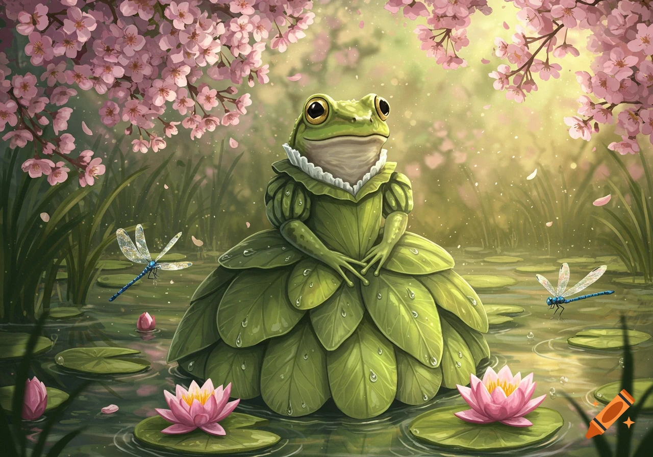 A charming frog wearing a ruffled green leaf dress sits on a lily pad in a pond, surrounded by pink cherry blossoms and dragonflies.