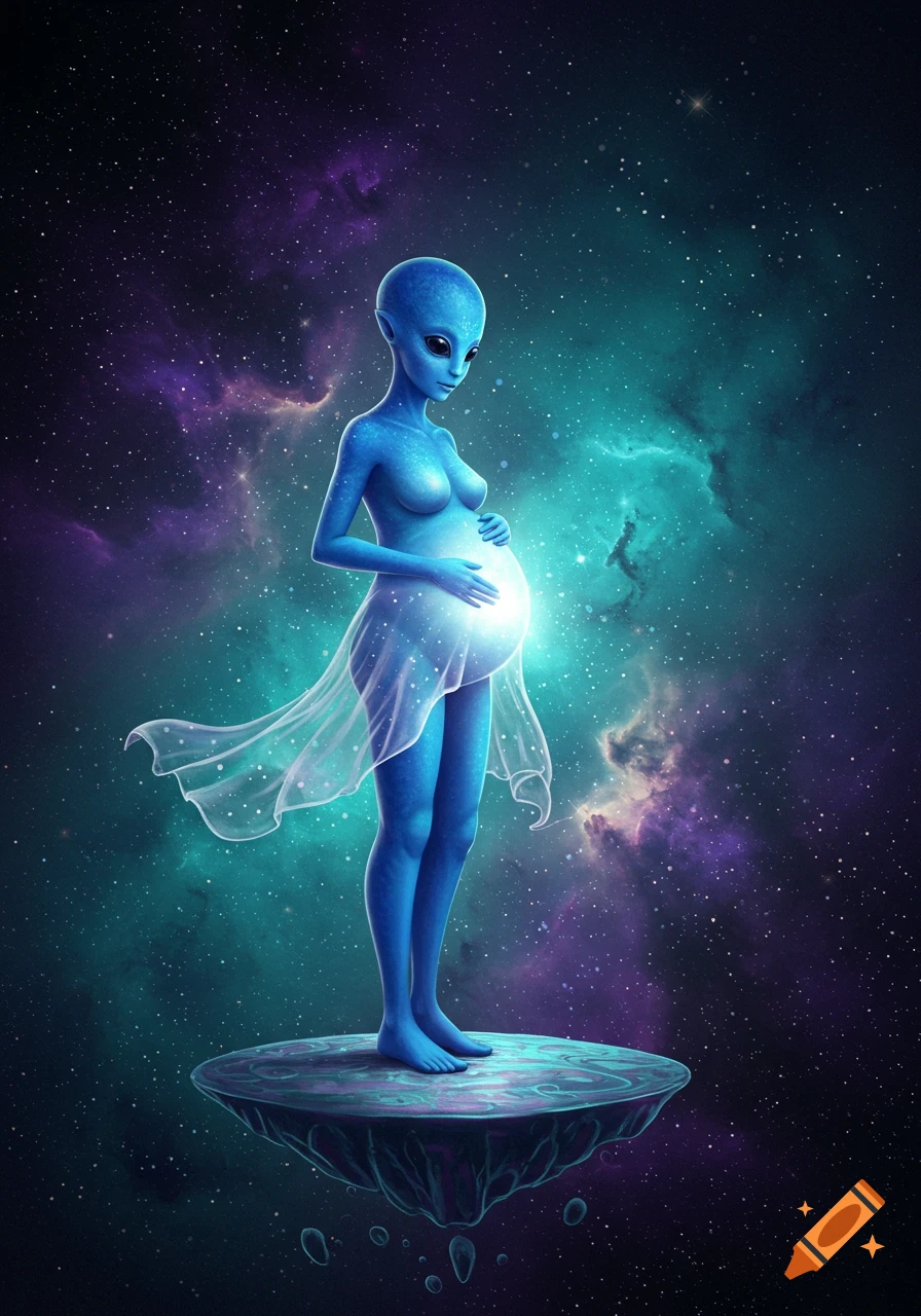 A blue pregnant alien stands on a floating platform in a vibrant galaxy with nebulae and stars.