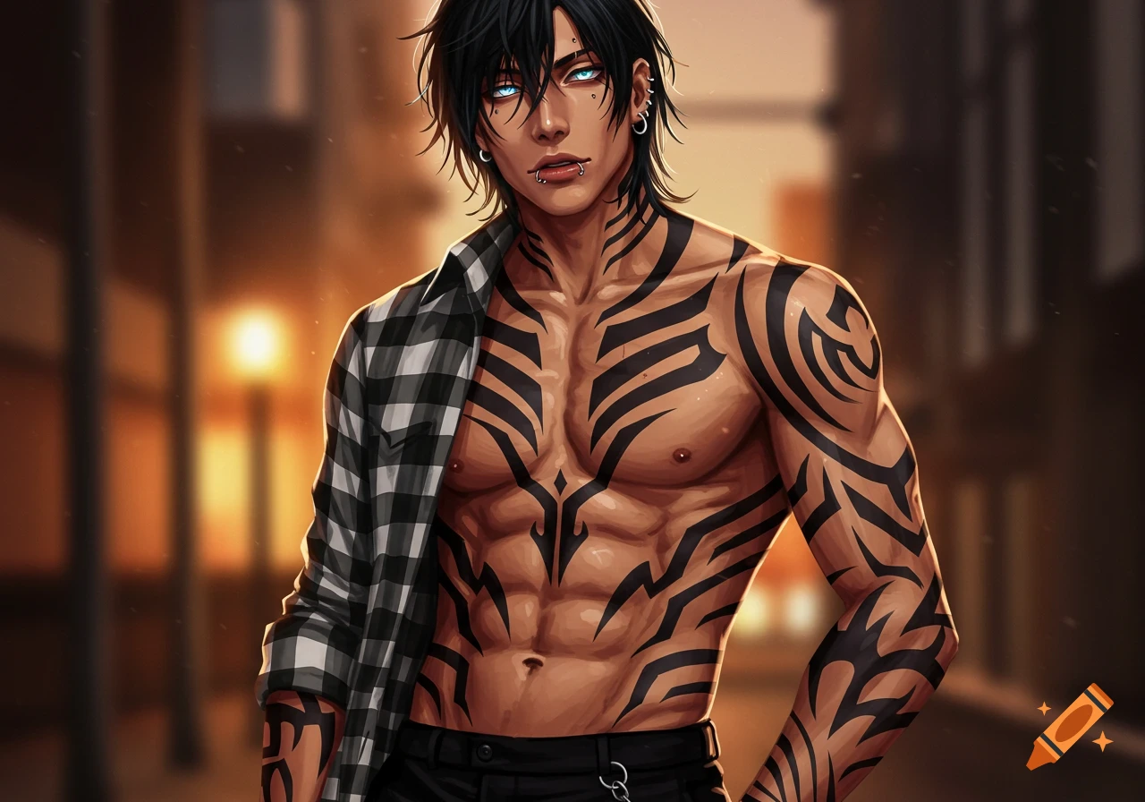 An anime man with tan skin, black hair, blue eyes, and full tribal tattoos on his torso and arms, wearing a black and white plaid shirt over his shoulder.