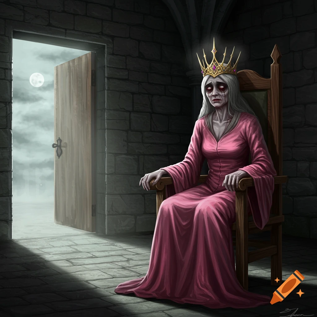 A pale, sorrowful queen with a golden crown and pink gown sits on a wooden throne in a dark stone chamber, an open door revealing a moonlit night.