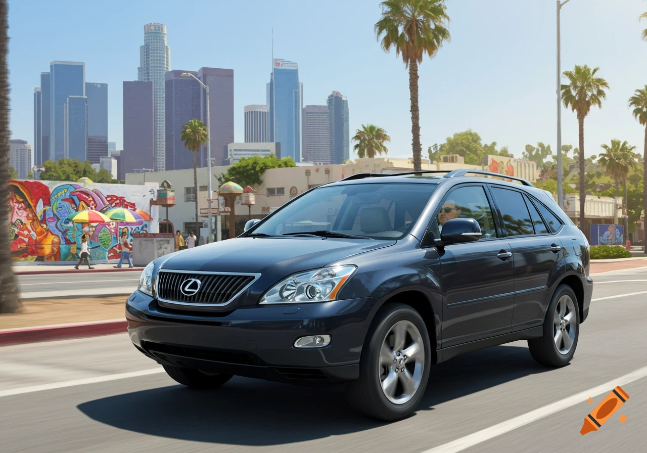 A dark gray Lexus RX SUV drives on a city street with palm trees and a skyscraper skyline in the background.