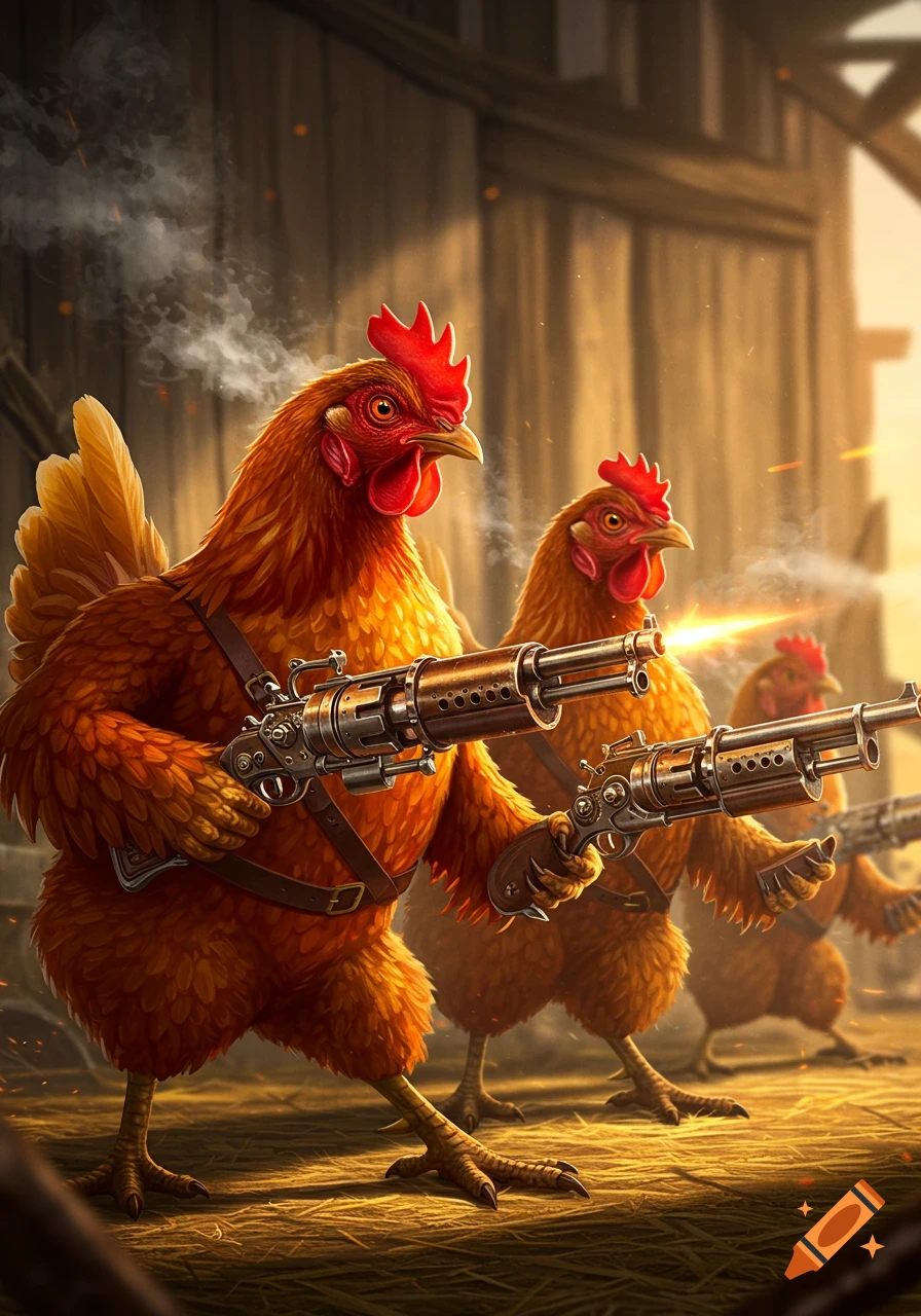 Anthropomorphic hens in a barn wielding steampunk-style guns, with smoke and muzzle flashes.
