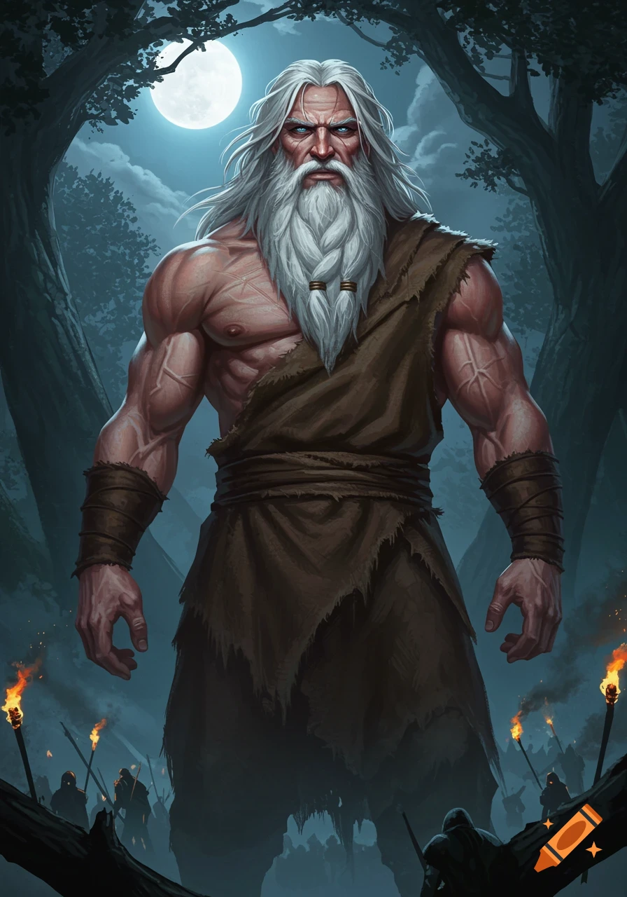 A powerful, muscular old man with a long white beard stands in a dark forest under a full moon, with torch-bearing figures.