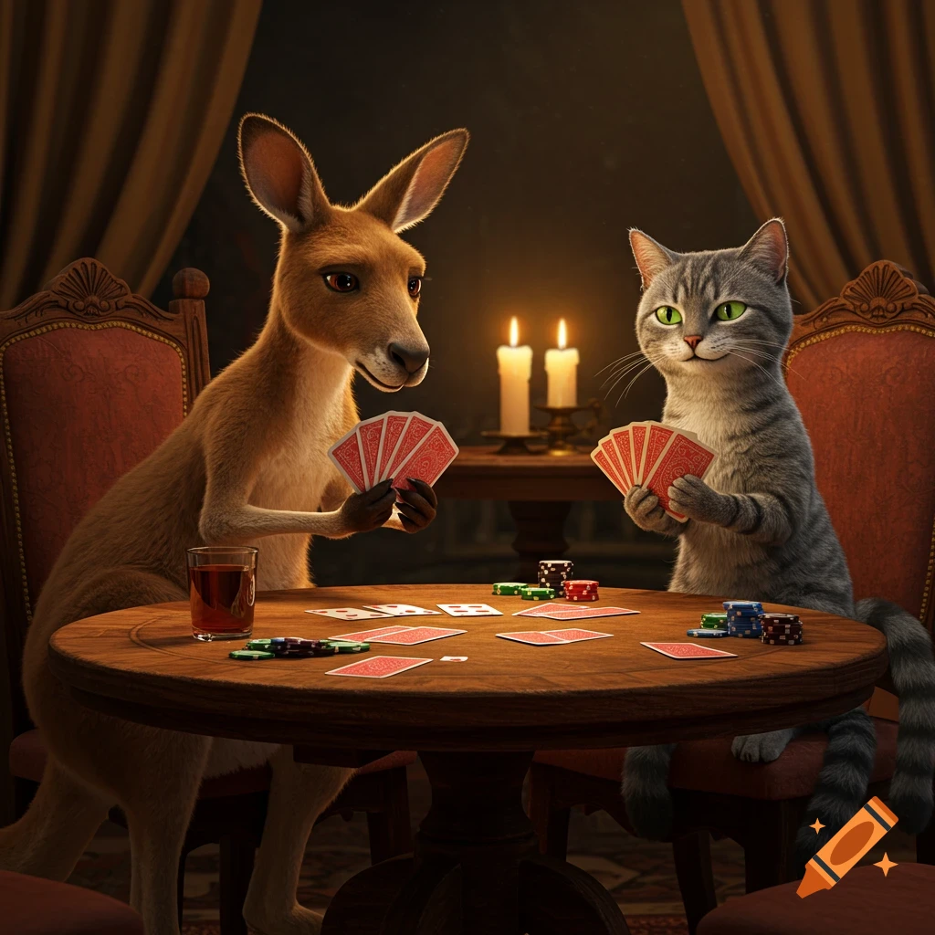 A hyperrealistic image of a kangaroo and a cat playing cards at a candlelit table.