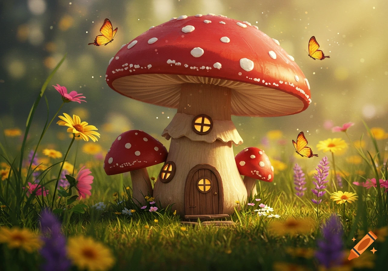 A whimsical mushroom house with glowing windows in a vibrant field of colorful flowers, with butterflies fluttering.
