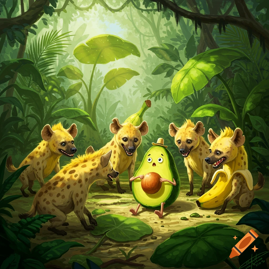A surprised anthropomorphic avocado surrounded by a pack of grinning hyenas and bananas in a lush jungle.