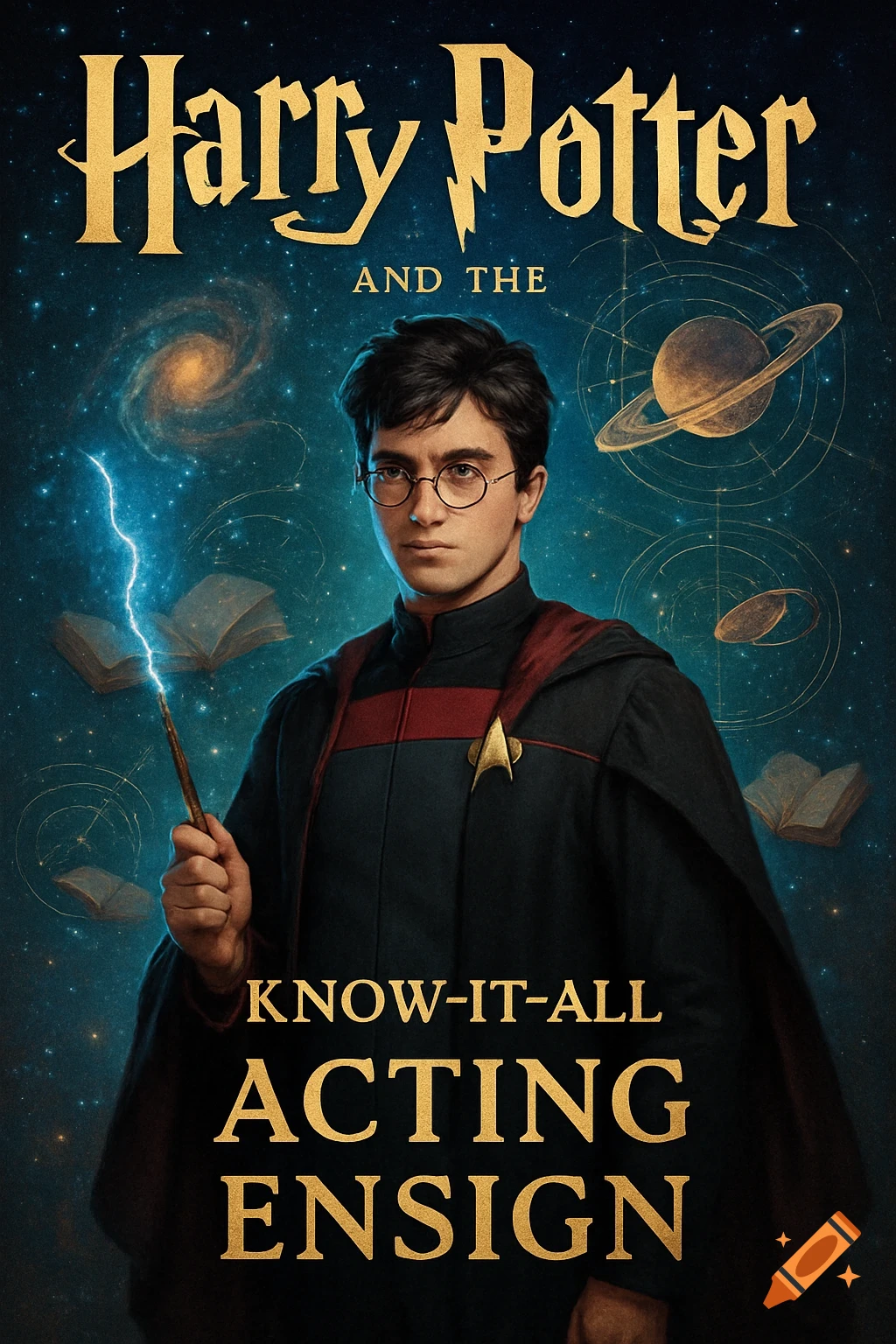 A book cover featuring Harry Potter in a Starfleet uniform holding a glowing wand, set against a cosmic background.