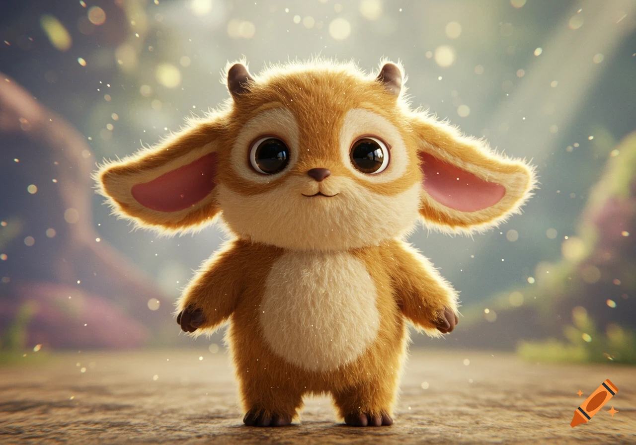 Cute furry orange-brown creature with large eyes and ears, standing with sparkling bokeh lights in a forest background.