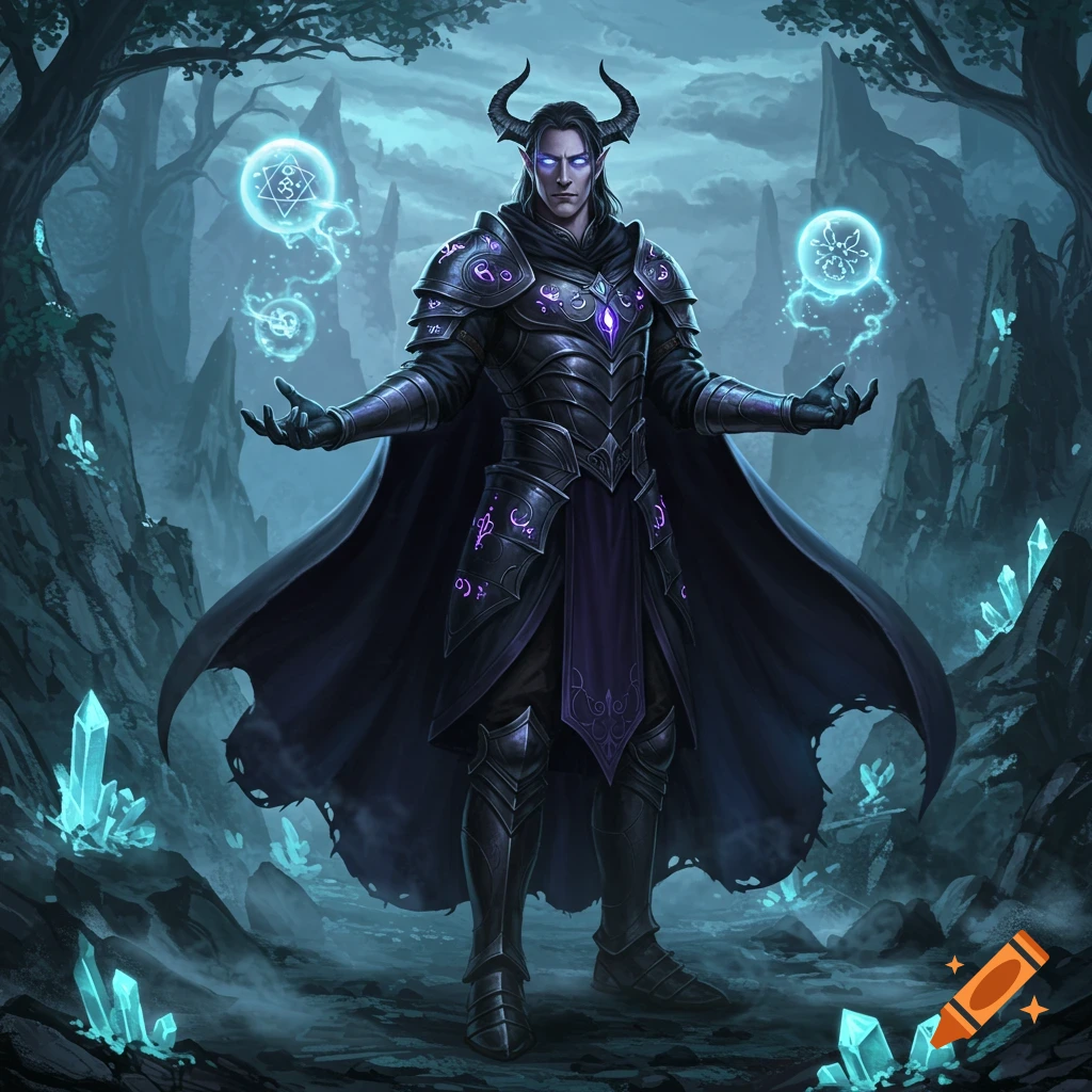 A dark fantasy warlock with horns and glowing eyes, wearing ornate armor, conjures magic in a misty, crystal-filled cavern.