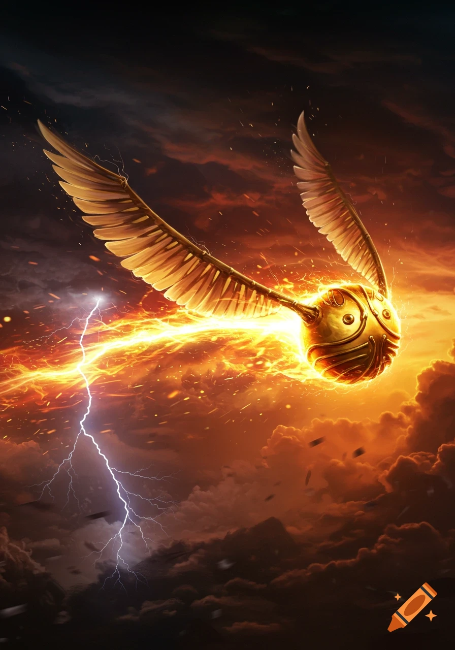A golden snitch with wings flies through a stormy, fiery sky, emitting bright orange energy and lightning.