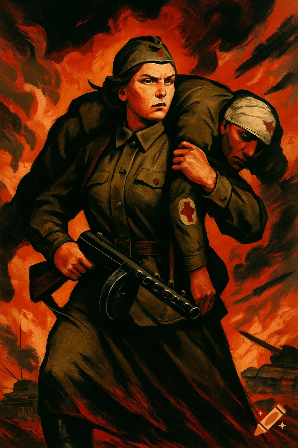 A Soviet-style propaganda poster depicts a female combat medic carrying a wounded soldier while holding a submachine gun, with tanks and fire in the background.