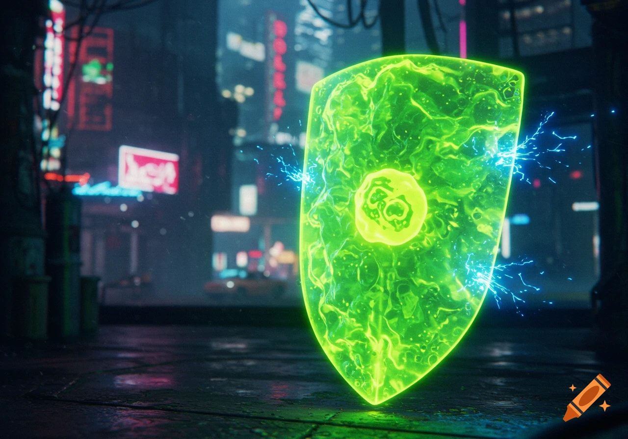 A glowing green toxic shield with blue electrical sparks stands on a wet street in a dark, neon-lit cyberpunk city.