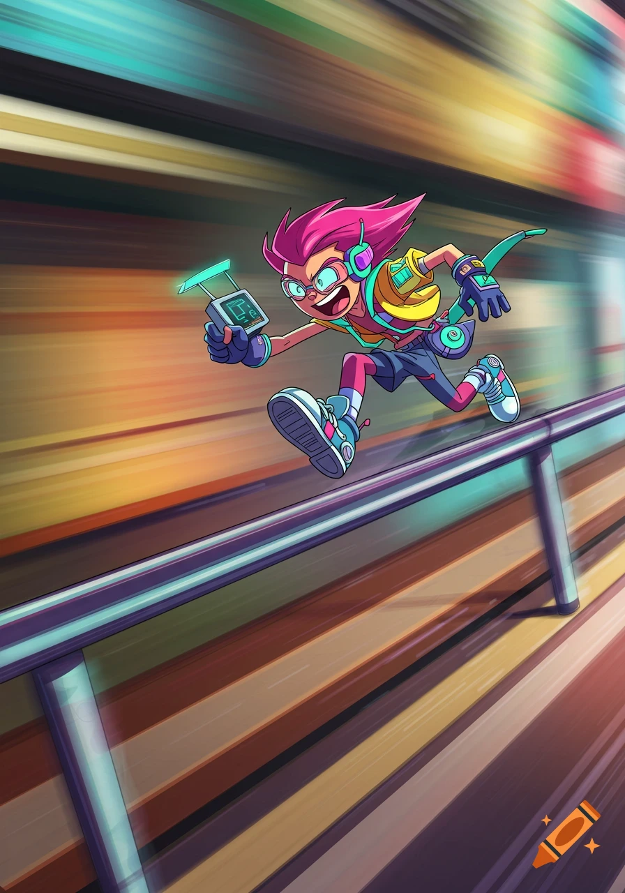 A vibrant cartoon character with pink hair and headphones runs dynamically, holding a glowing futuristic device, against a blurred background.