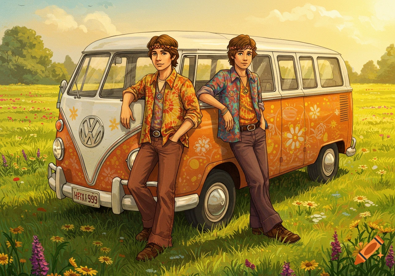 An illustration of two young hippie men leaning against a vintage Volkswagen van in a field of flowers.