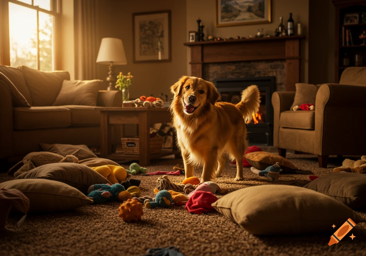 A happy golden retriever stands in a messy living room with toys and pillows scattered on the carpet.