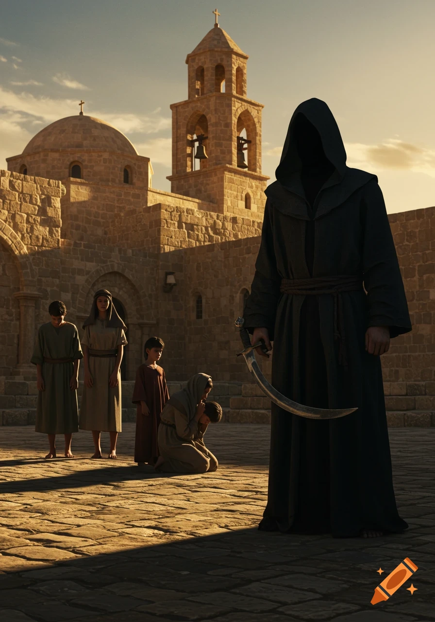 A solemn hooded figure with a scimitar stands in a sunlit cobblestone courtyard before an old stone church, with several people standing and kneeling nearby.