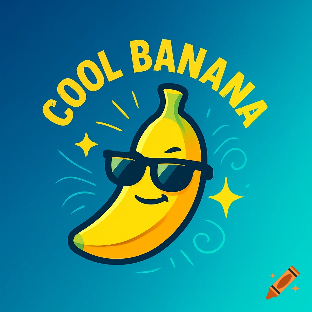 A cartoon banana wearing sunglasses, with "COOL BANANA" text above it, on a blue gradient background.