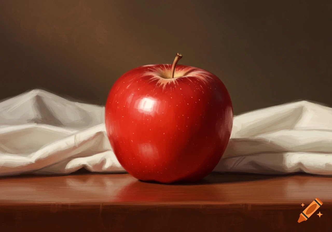 A vibrant red apple rests on a dark wooden surface with white drapery in the background, rendered in a painterly, still life style.