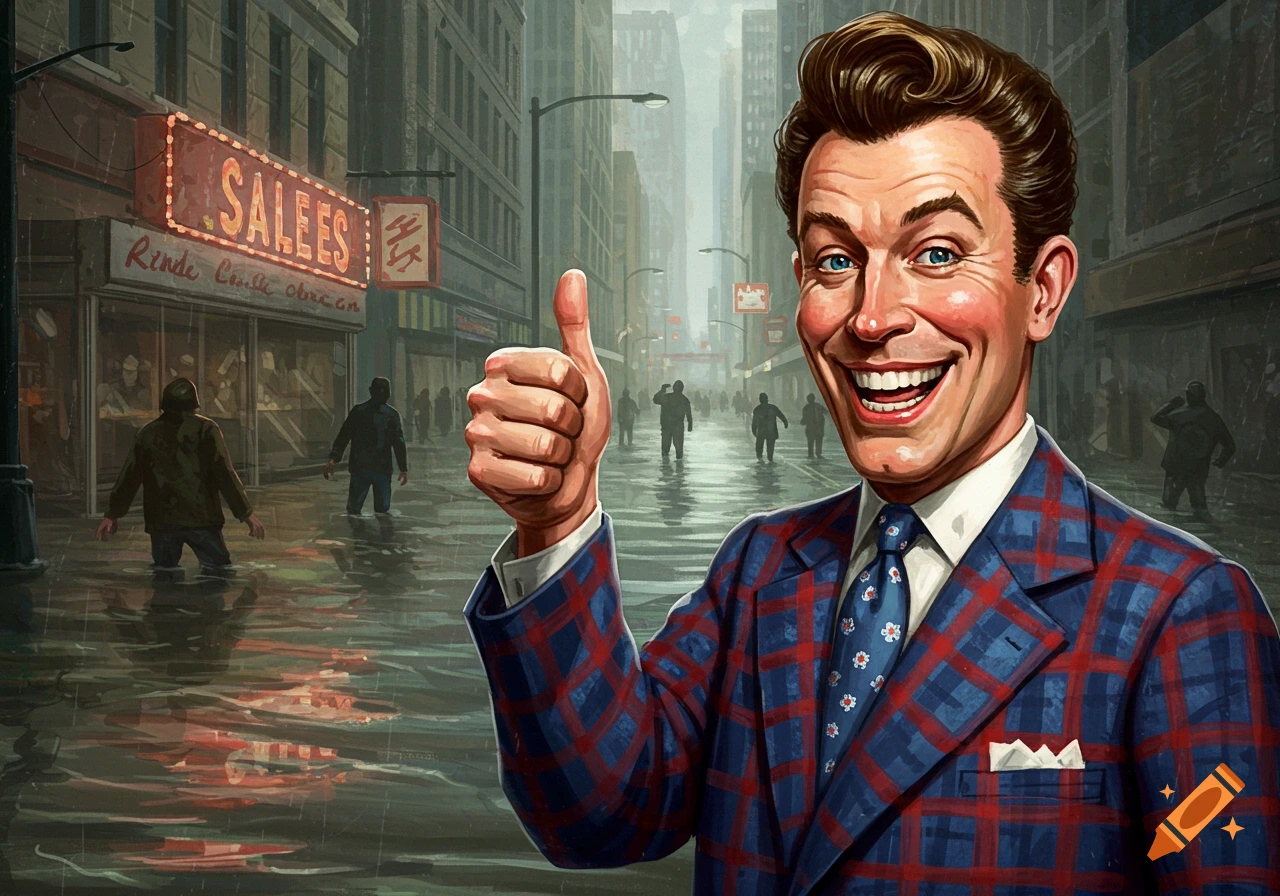 A broadly smiling salesman in a plaid suit gives a thumbs up in a flooded city street, with silhouetted figures wading through the water in the background.