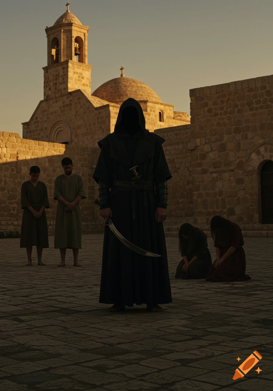 A hooded figure with a scimitar stands in a solemn Mideast courtyard near an old stone church, with vulnerable people standing and kneeling around them.