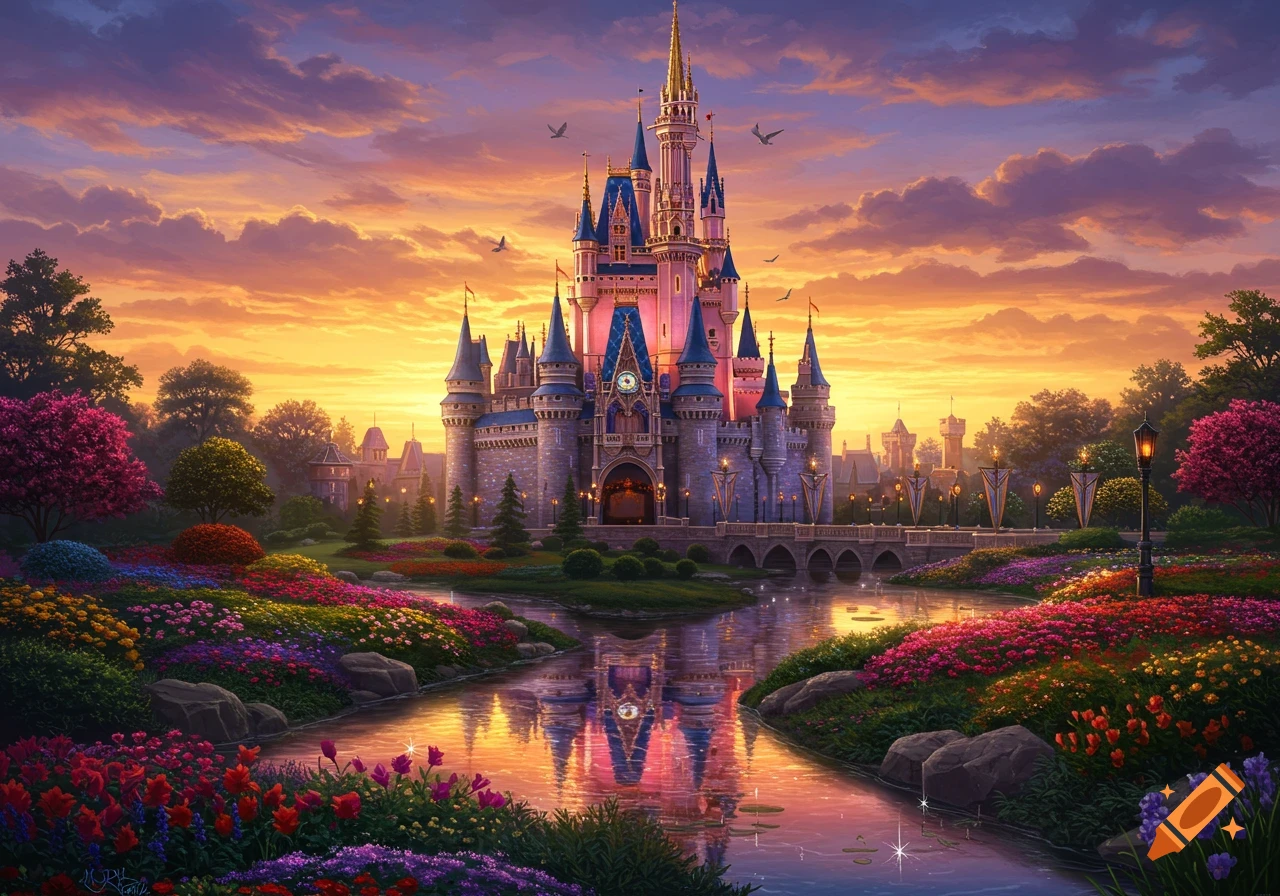 A vibrant fantasy castle with blue and pink spires reflected in a calm river, surrounded by colorful flowers and lush trees under a dramatic sunset sky.
