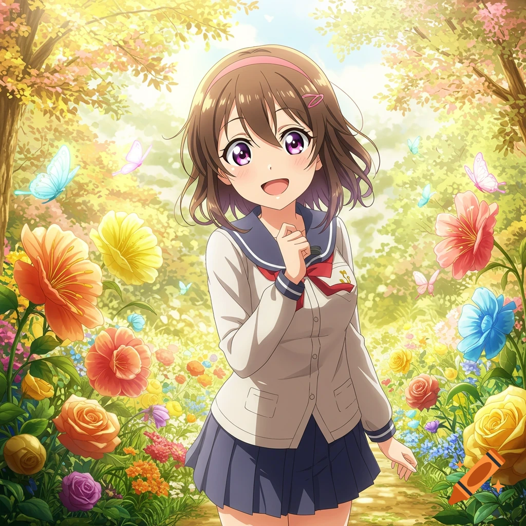 An anime girl in a school uniform smiles in a vibrant flower garden with butterflies.