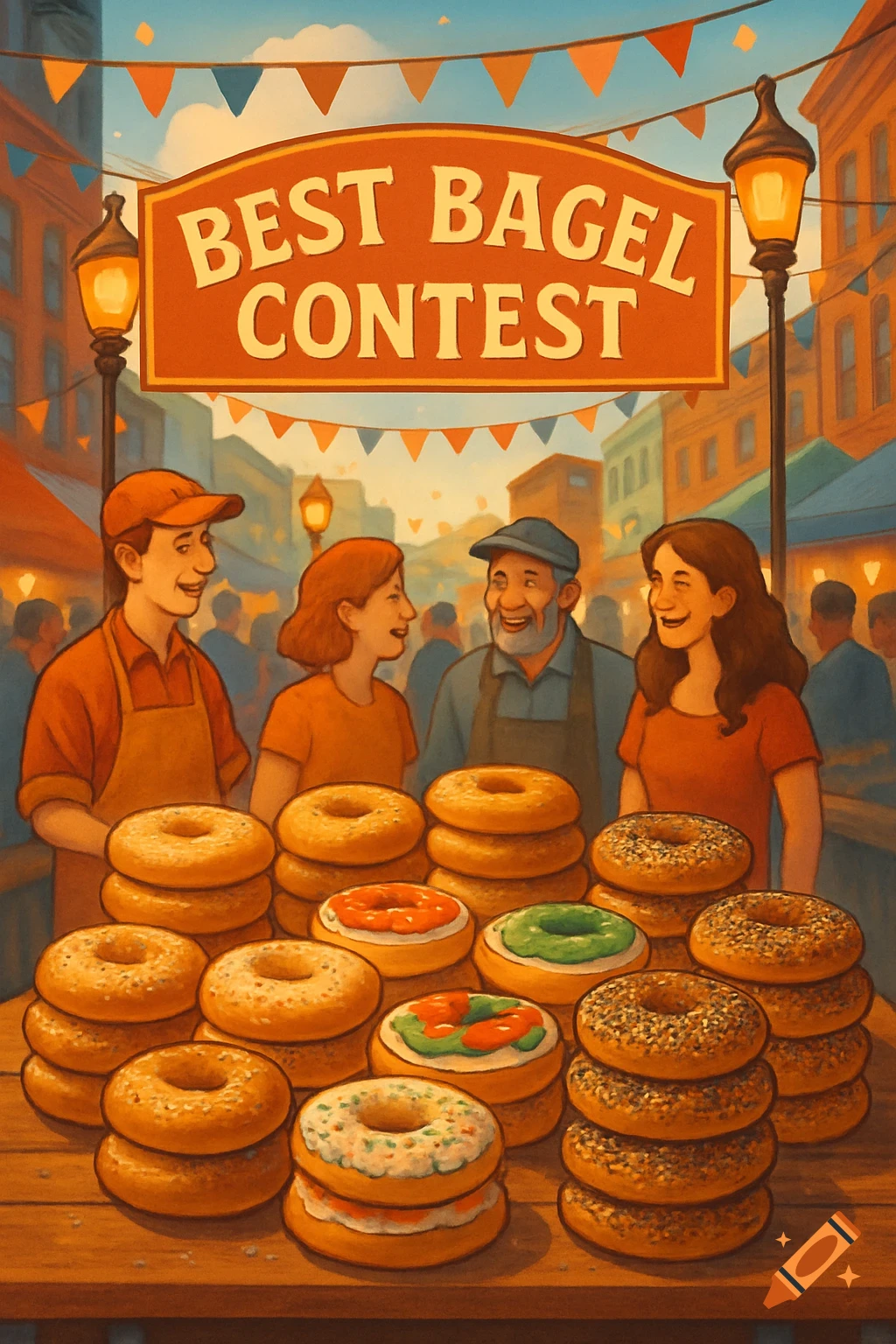 An illustration of a Best Bagel Contest with people smiling behind tables piled high with various bagels, under a banner.
