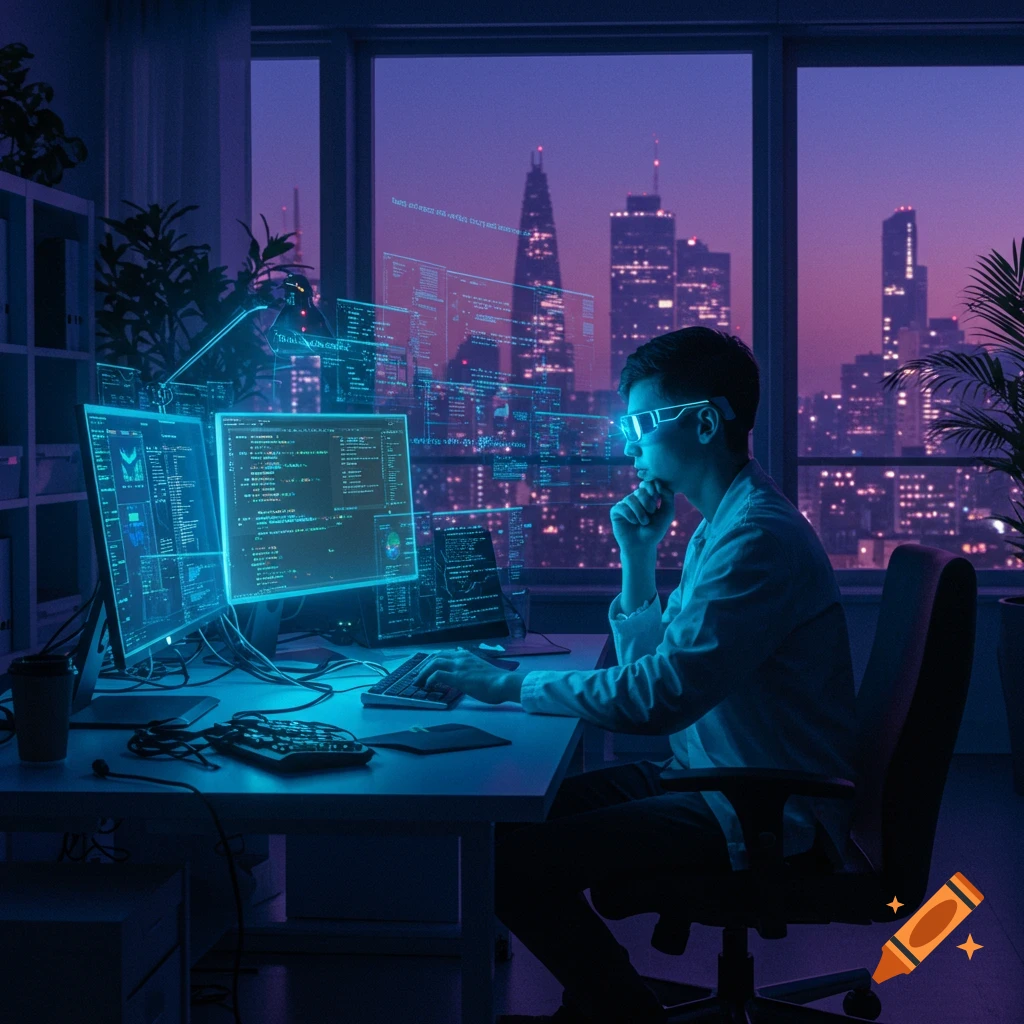 A person in a futuristic office, wearing glowing glasses, works on multiple screens and holographic displays overlooking a neon city at night.