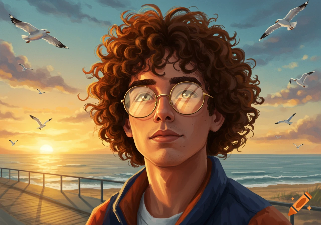 A young man with curly hair and glasses looks towards a vibrant sunset over the ocean from a boardwalk, with seagulls flying in the sky.