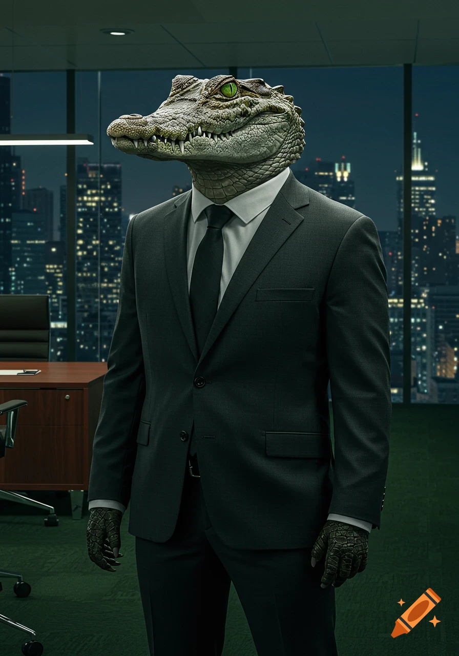 A photorealistic image of an anthropomorphic crocodile in a dark business suit, standing in an office with a nighttime city view.