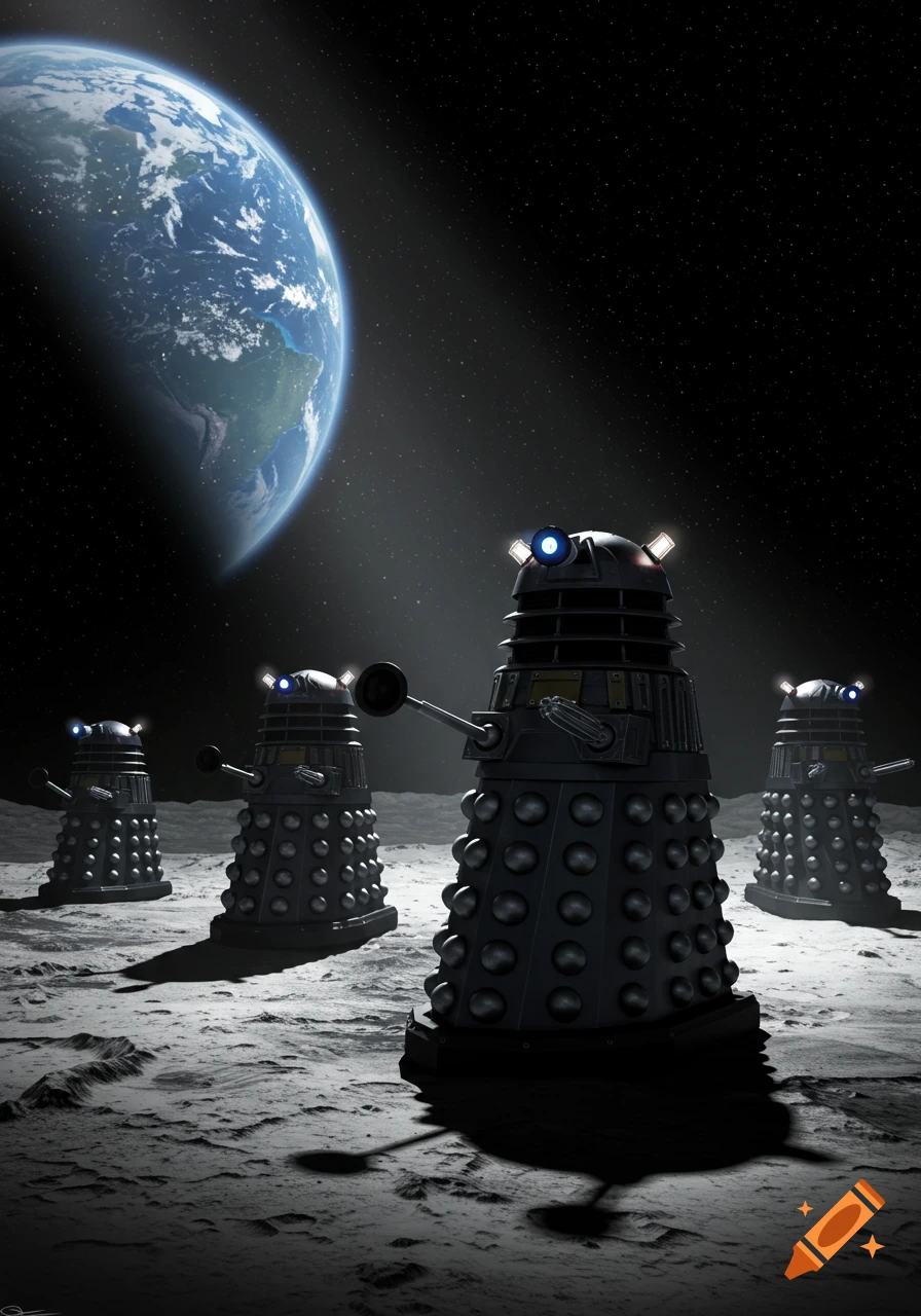 Four classic Daleks stand on the moon's cratered surface under a starry sky with Earth in the background.